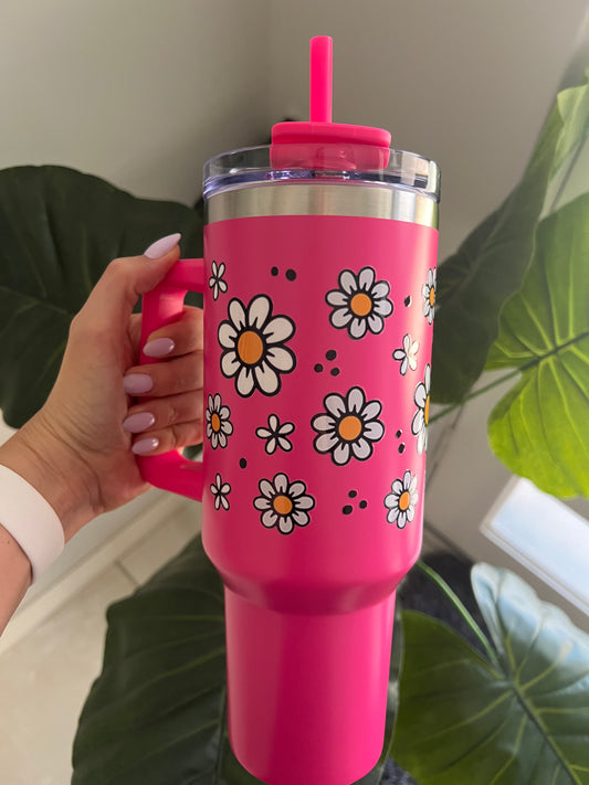 Flower Pink - 40oz Stainless Steel Tumbler with Handle